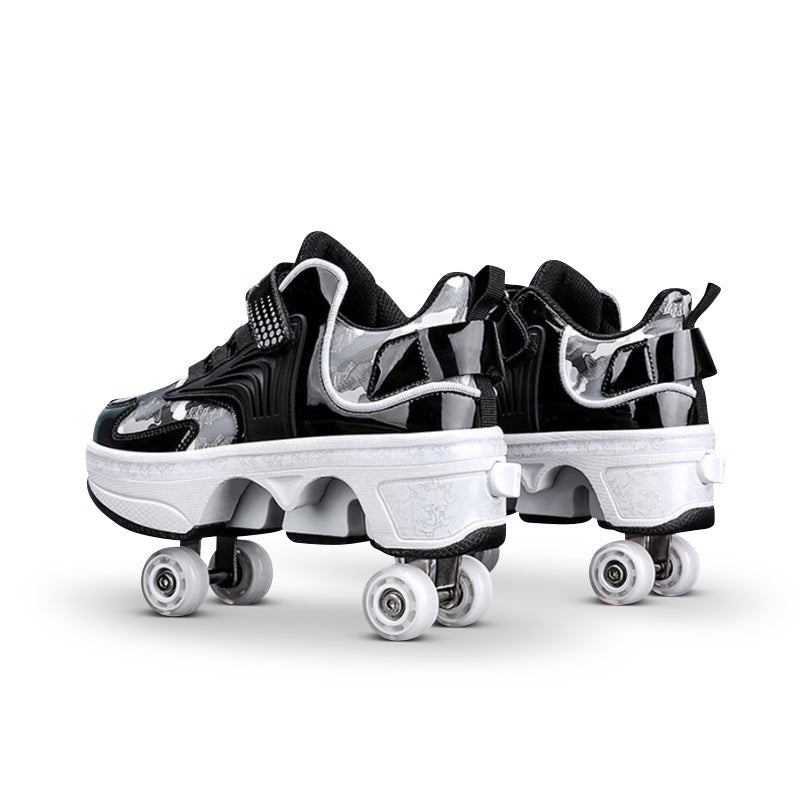 rear view of black Kick Speed Pro-X Camo Edition LOW Roller Skate Shoes highlighting wheel mechanism and heel button