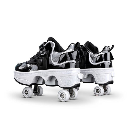 rear view of black Kick Speed Pro-X Camo Edition LOW Roller Skate Shoes highlighting wheel mechanism and heel button
