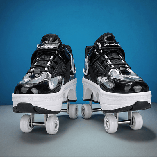 front view of Kick Speed Pro-X Camo Edition LOW Roller Skate Shoes black model displayed together under blue studio lighting