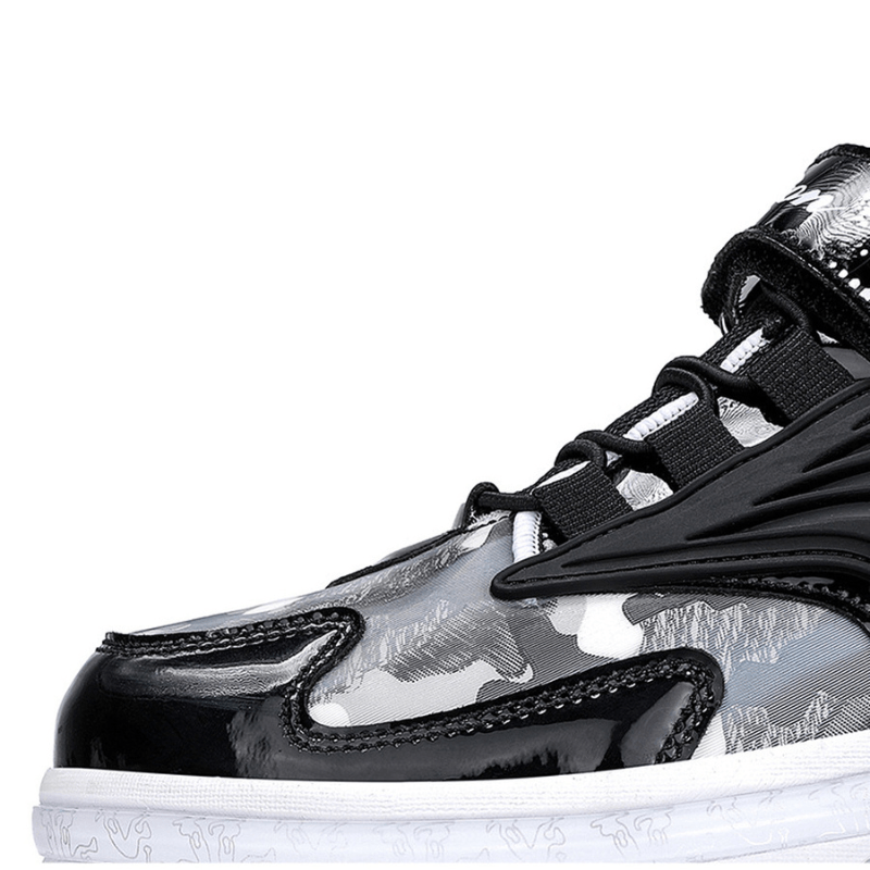 black and silver Kick Speed Roller Skate Shoes, reflective detail camo texture on sole and toe area