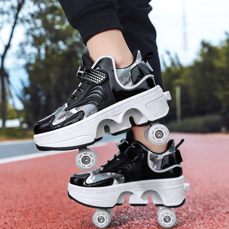 Kick Speed Pro-X Camo Roller Skate Shoes black model shown from side, person, lifestyle photo