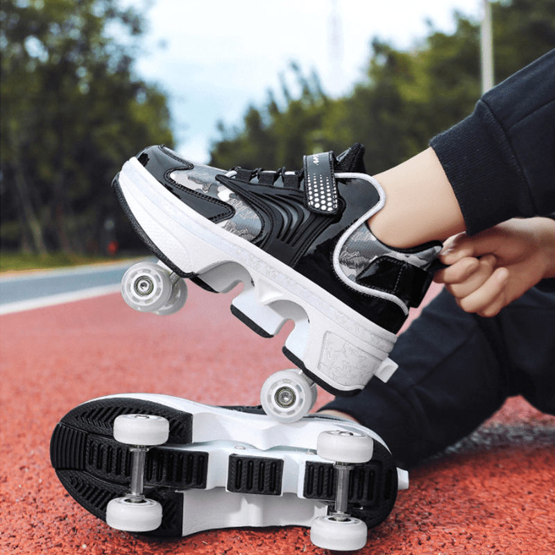 outdoor side shot of roller skate shoes in black color, showing pop out wheel mechanism