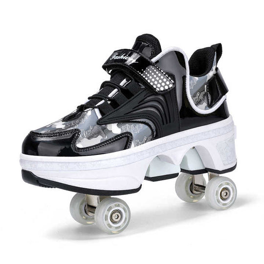 angled close-up of black Kick Speed Pro-X Camo Edition LOW Roller Skate Shoes in black color showing side structure and pop-out wheels