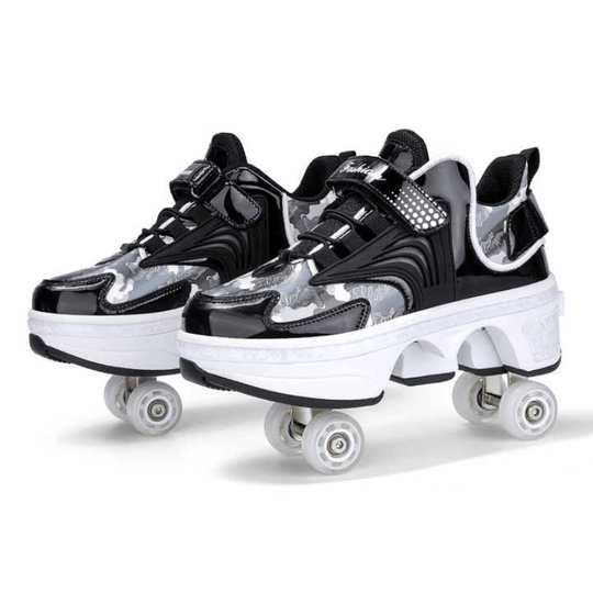 black Kick Speed Pro-X Camo Edition LOW Roller Skate Shoes with glossy finish and retractable wheels, side display view on white background