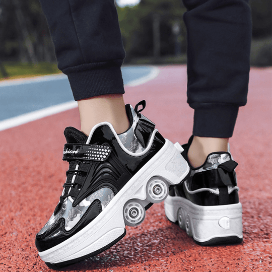 black Kick Speed Roller Skate Shoes on person’s feet, outdoor running track scene showing comfort and balance