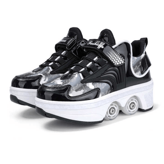 pair of black Kick Speed Pro-X Camo Edition LOW roller shoes with reflective camo texture, front angled studio view