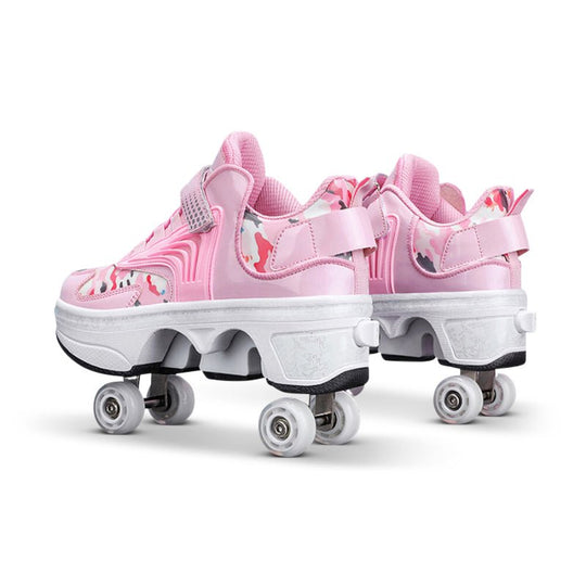 pink and black Kick Speed Pro-X Camo Edition LOW Roller Skate Shoes showing both color options side by side, back studio view