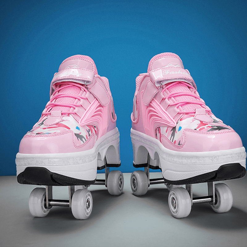 pair of pink camo roller shoes with glowing finish from Kick Speed Pro-X Camo Edition, front angle with blue background