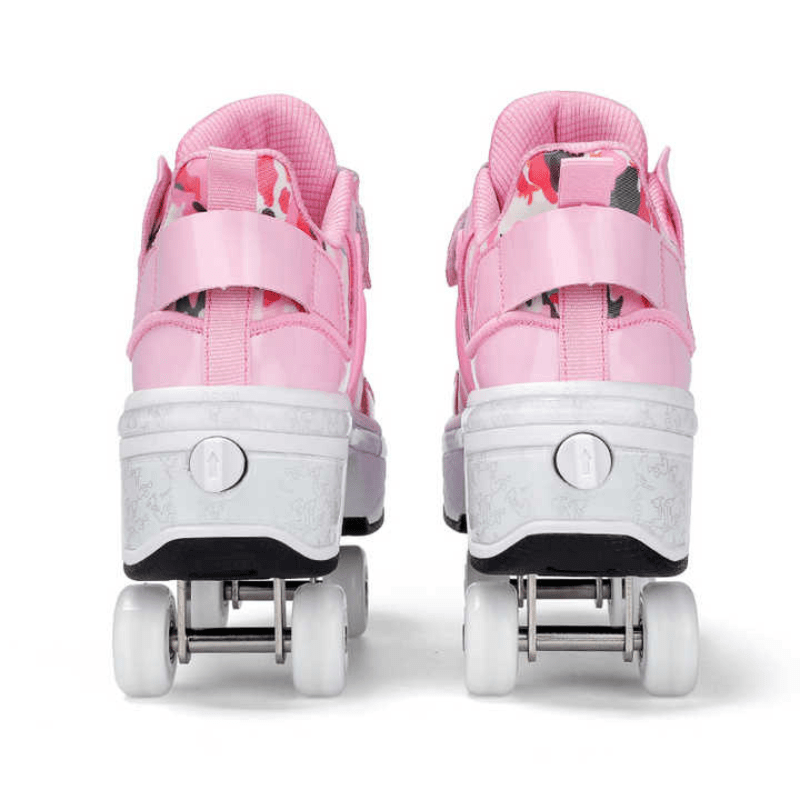 back view of pink Kick Speed Pro-X Camo Edition LOW Roller Skate Shoes highlighting pop out wheel mechanism and heel button