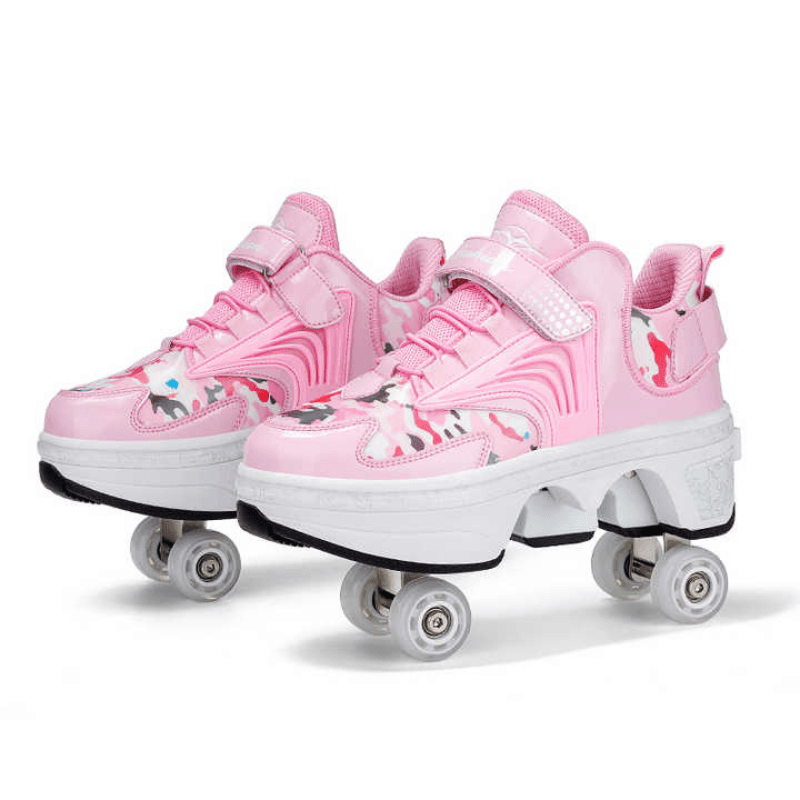 Kick Speed Pro-X Camo Edition LOW Roller Skate Shoes in pink color, side view showing 4 pop-out wheels and sporty camo sole design