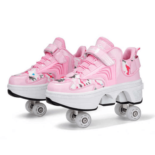 Kick Speed Pro-X Camo Edition LOW Roller Skate Shoes in pink color, side view showing 4 pop-out wheels and sporty camo sole design