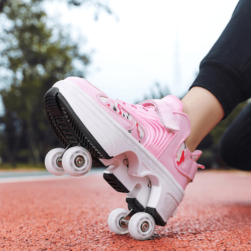 close-up side view of pink Kick Speed Pro-X Camo Edition LOW Roller Skate Shoes on outdoor running track