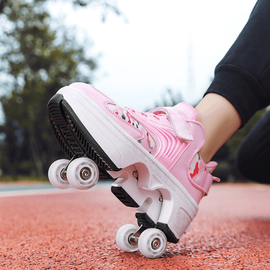 close-up side view of pink Kick Speed Pro-X Camo Edition LOW Roller Skate Shoes on outdoor running track