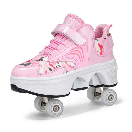 pink Kick Speed Pro-X Camo Edition LOW Roller Skate Shoes in side angle product display, showing dual rear wheels