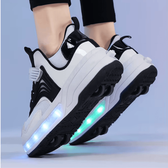 black Kick Speed LED heel wheels shoes glowing, dual wheel sneakers for kids and adults