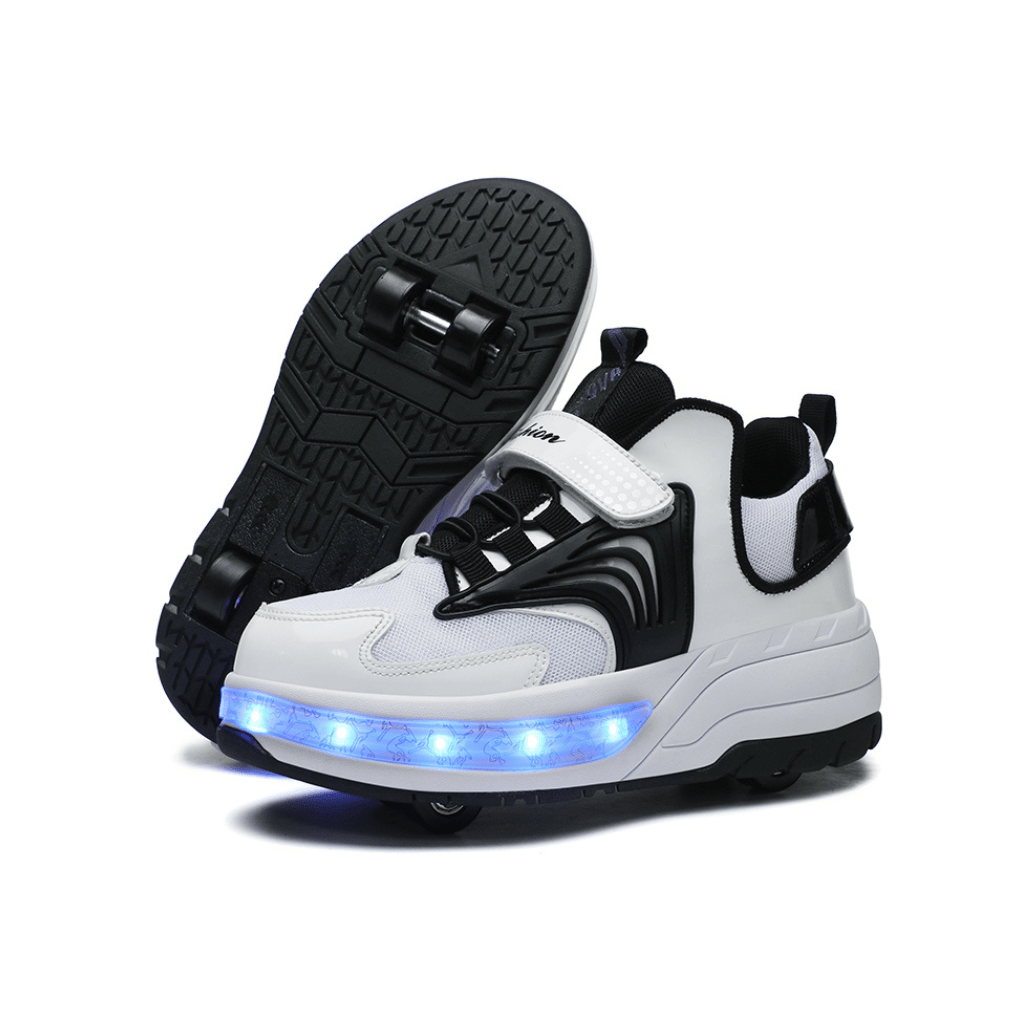 Kick Speed Pro-X LOW heel wheel roller shoes in black and white with blue LED sole, a sporty Heelys alternative for boys