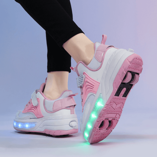 studio shot of pink Kick Speed heel wheels shoes, stylish LED sneakers with detachable wheels