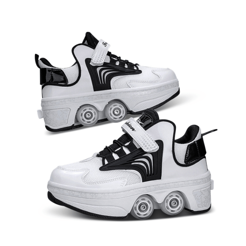 angled side view of white and black roller skate shoes highlighting durable sole and retractable wheels