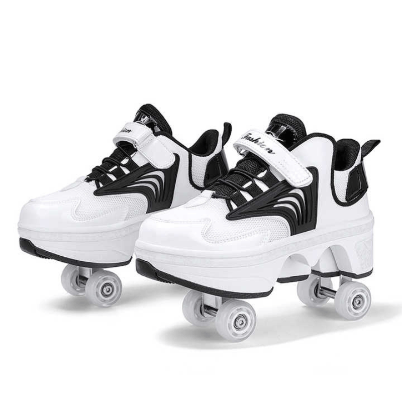 black and white version of Kick Speed Pro-X LOW Roller Skate Shoes showing retractable wheels and chunky cushioned sole
