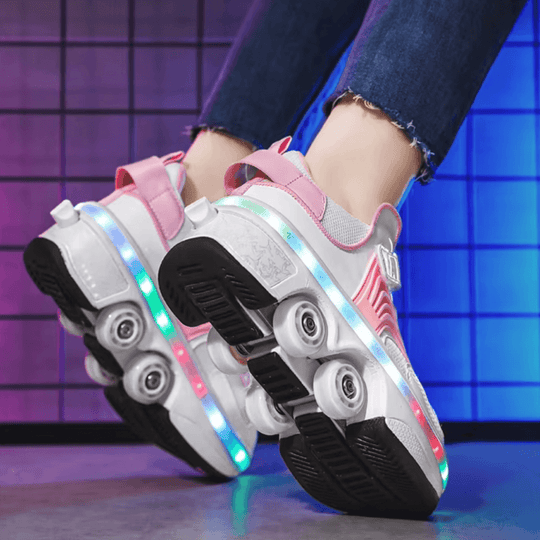 back view of pink LED shoes with retractable wheels glowing under purple neon lights