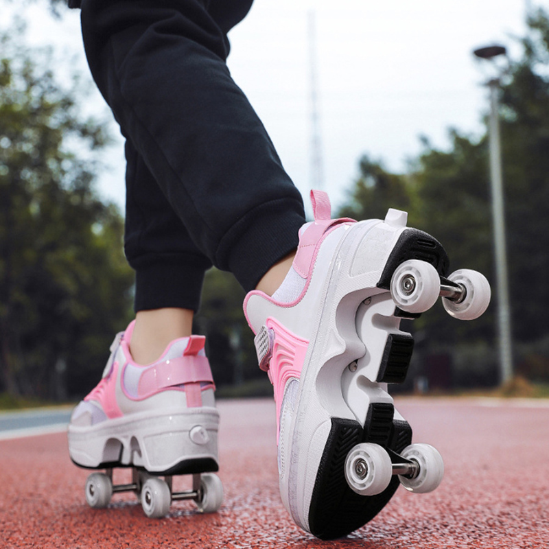 back shot of pink shoes with wheels on outdoor track showing dual wheel system for girls and kids