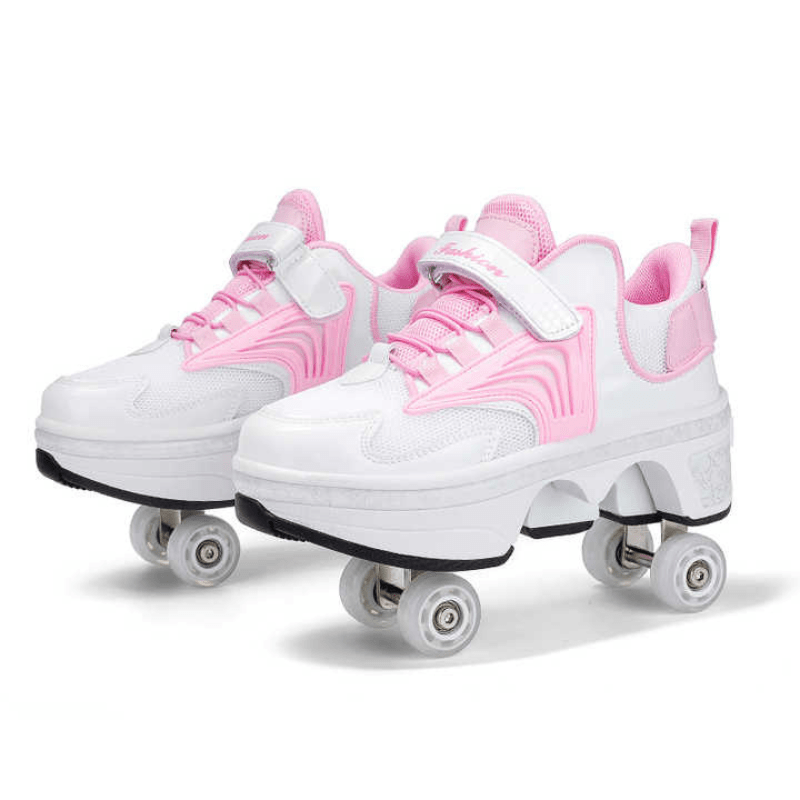 pink and white design of Kick Speed Pro-X LOW Roller Skate Shoes with pop-up wheels and breathable mesh upper
