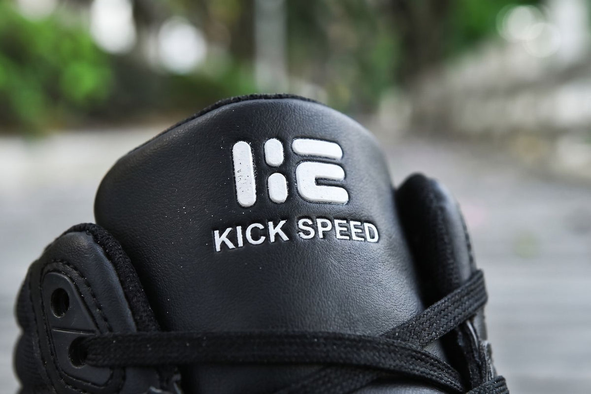 Close-up of a black Kick Speed roller shoe heel with the logo