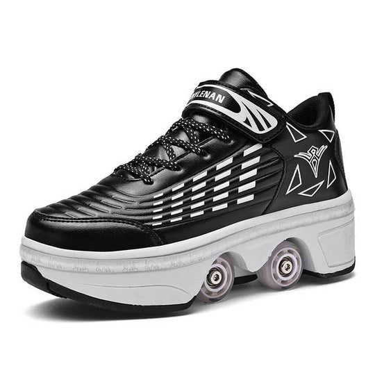 black and white roller skate shoes with retractable wheels, studio photo on white background