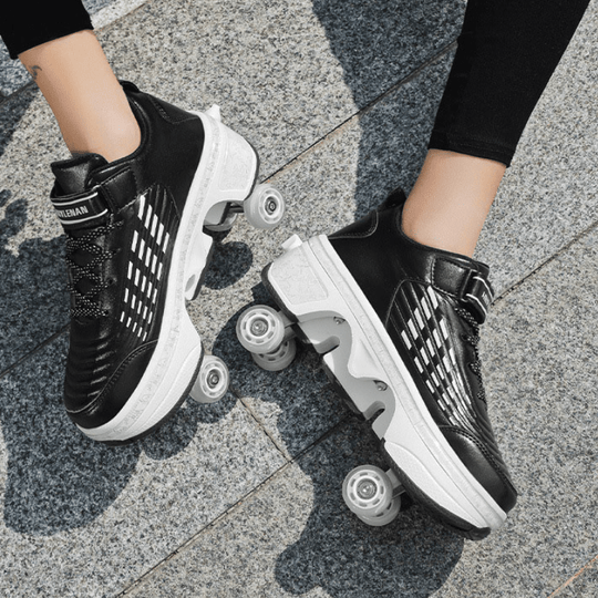 black Kick Speed Striped Edition roller skate shoes for adults, top angle view lifestyle photo