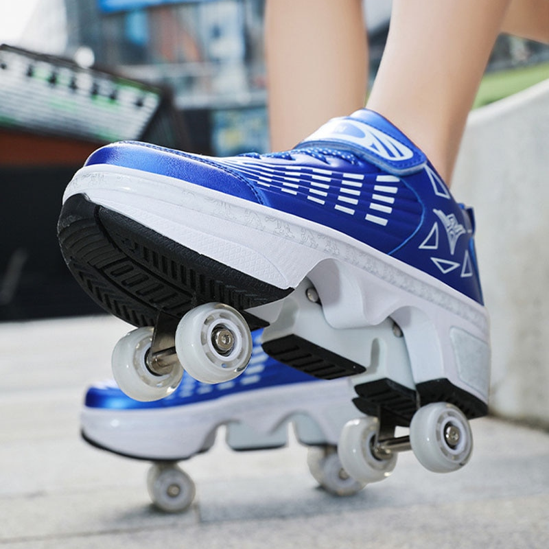 blue Kick Speed Striped Edition roller skate shoes for kids and adults with retractable wheels