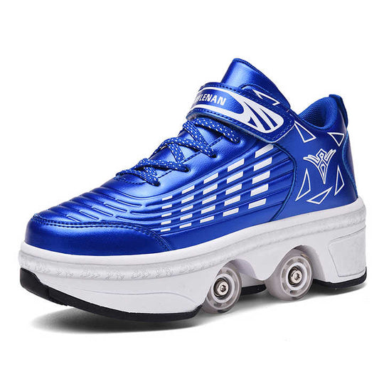 bblue roller shoes with pop-up wheels side angle display on white background