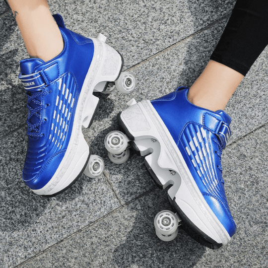 blue Kick Speed Striped Edition shoes with wheels, outdoor top view
