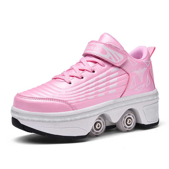 Kick Speed Striped Edition pink roller skate shoes with retractable wheels