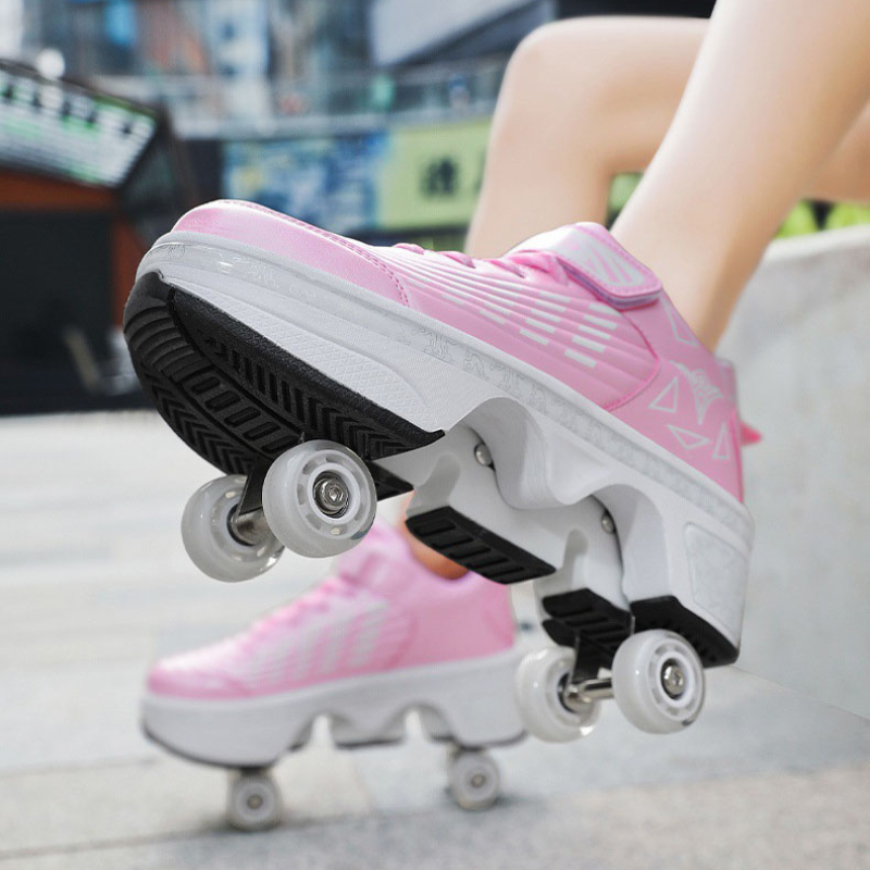 pink Kick Speed Striped Edition roller skate shoes with retractable wheels on feet outdoors