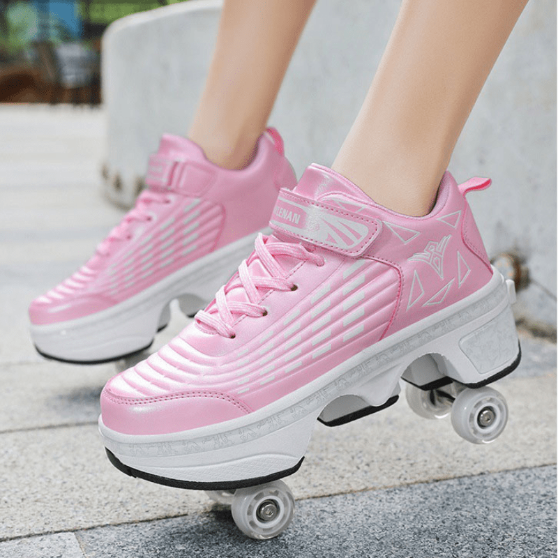 pink Kick Speed roller skate shoes for girls with retractable wheels on feet
