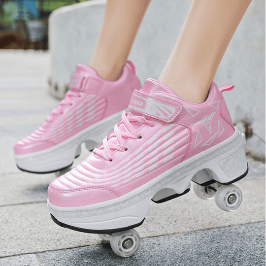 pink Kick Speed roller skate shoes for girls with retractable wheels on feet
