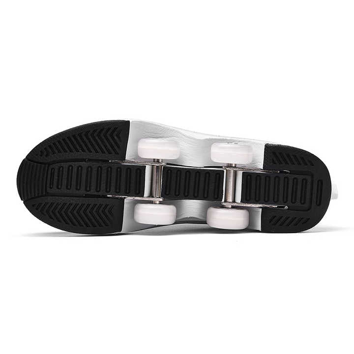 Kick Speed roller skate shoe sole with retractable wheels, bottom view showing pop-out wheels mechanism
