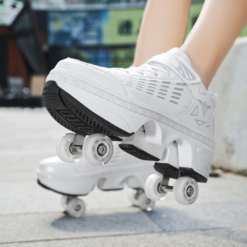 white Kick Speed Striped Edition roller skate shoes with pop-up wheels for girls and kids