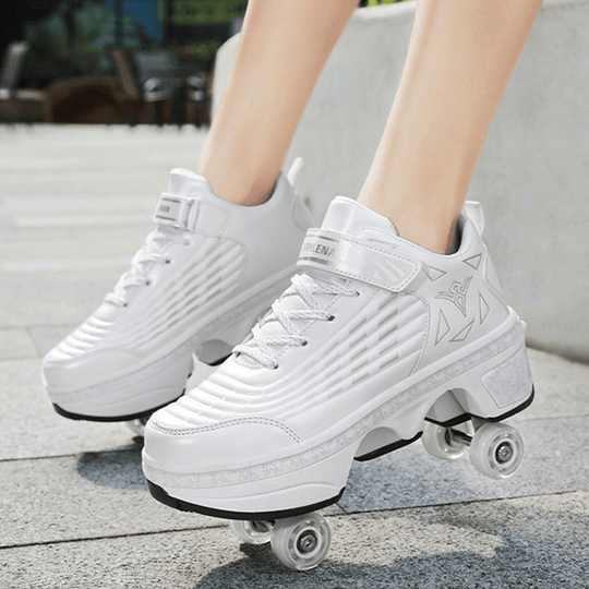 white roller skate sneakers with wheels for women worn outdoors