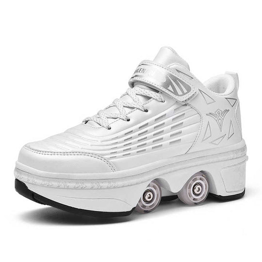 white roller skate shoes for kids with hidden wheels side display on white background

