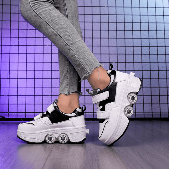 black and white roller skate shoes for adults worn indoors, shoes with wheels lifestyle pfoto