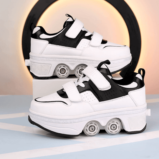black and white shoes with wheels for adults displayed beside modern light ring decor