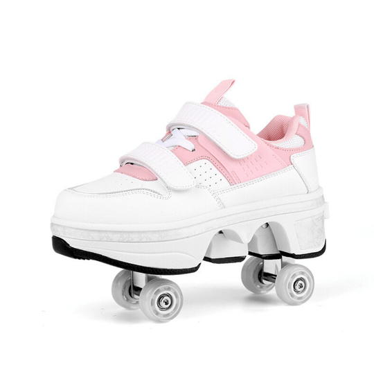 side view of pink Kick Speed Supersonic roller skate shoes highlighting smooth pop-up wheel system