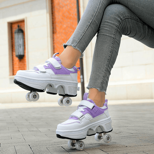 outdoor view of purple roller skate shoes for adults in motion on pavement