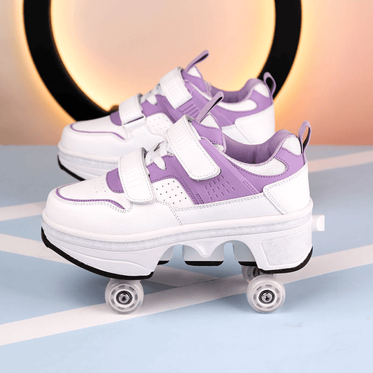Kick Speed 4 wheel skate shoes in purple shown on display with pop-up wheels