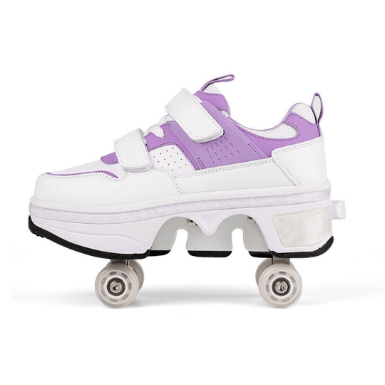 Kick Speed shoes that have wheels on them for women in purple and white colorway, pop out wheels