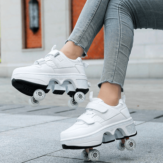 Kick Speed Supersonic LOW shoes with pop out wheels in white, roller skate shoes lifestyle photo outdoors