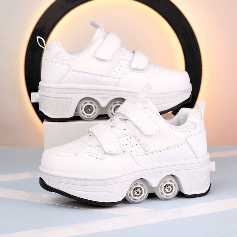 Kick Speed Supersonic LOW shoes with retractable wheels in white colorway displayed beside glowing LED ring light