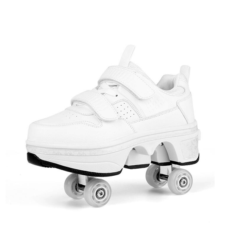side view of white roller skate shoes with wheels for adults on studio background