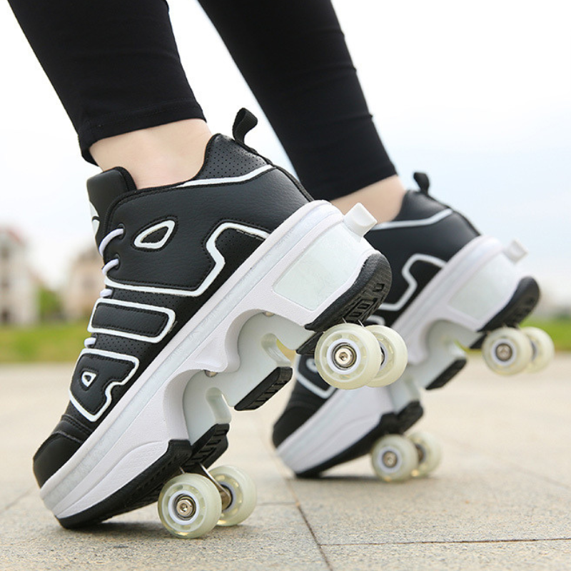 mid black nike inspired roller skate shoes side view, sporty 4 wheel shoes for skating outdoors, retractable wheel sneakers for kids and adults